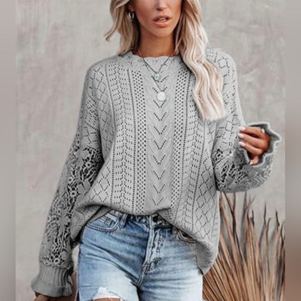 Elegant Gray Lace Sleeve Sweater